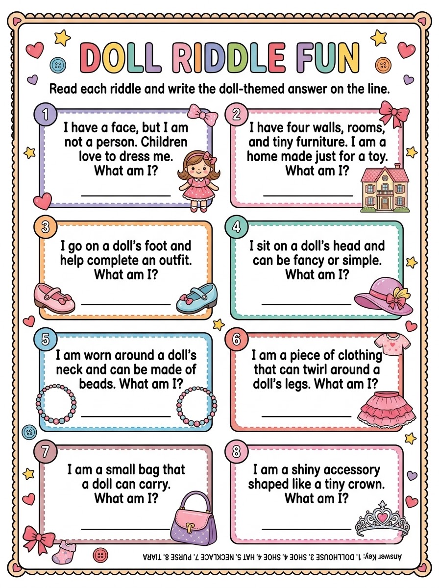 Doll Riddle Fun — colorful riddle page with illustrated doll items and answer blanks